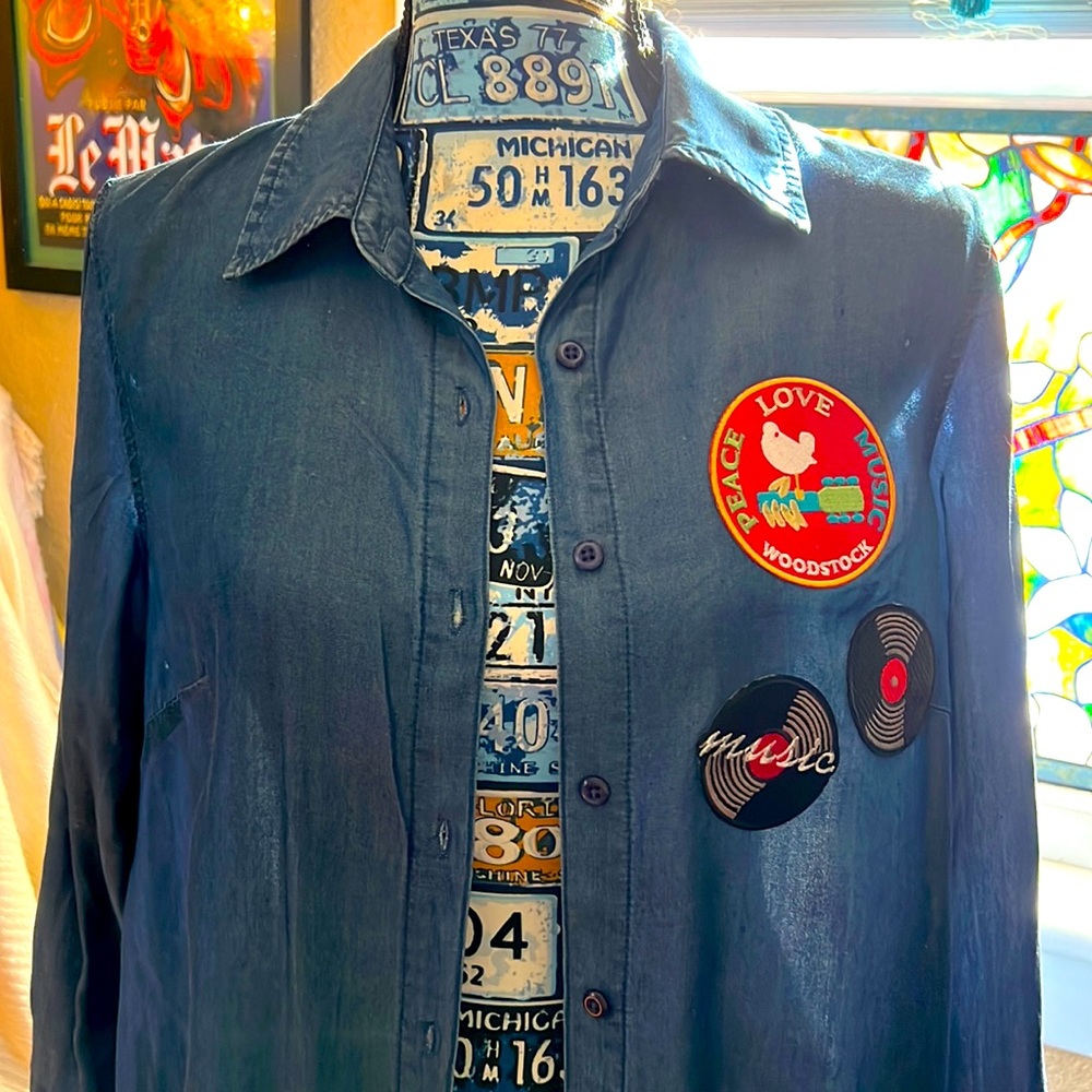 Zac & Rachel Asymmetrical Shirt in a Blue Sheen repurposed with Patches